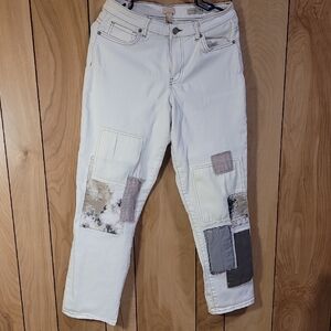 Lavish Off-White and Taupe Patchwork Boyfriend Jeans